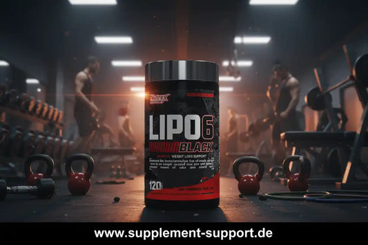 LIPO6 Black Fatburner Dose im Fitnessstudio mit Hanteln und Kettlebells auf dem Boden