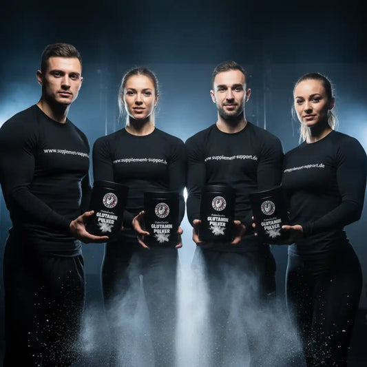 Vier sportliche Menschen präsentieren Glutamin Pulver Nahrungsergänzungsmittel vor dunklem Hintergrund.