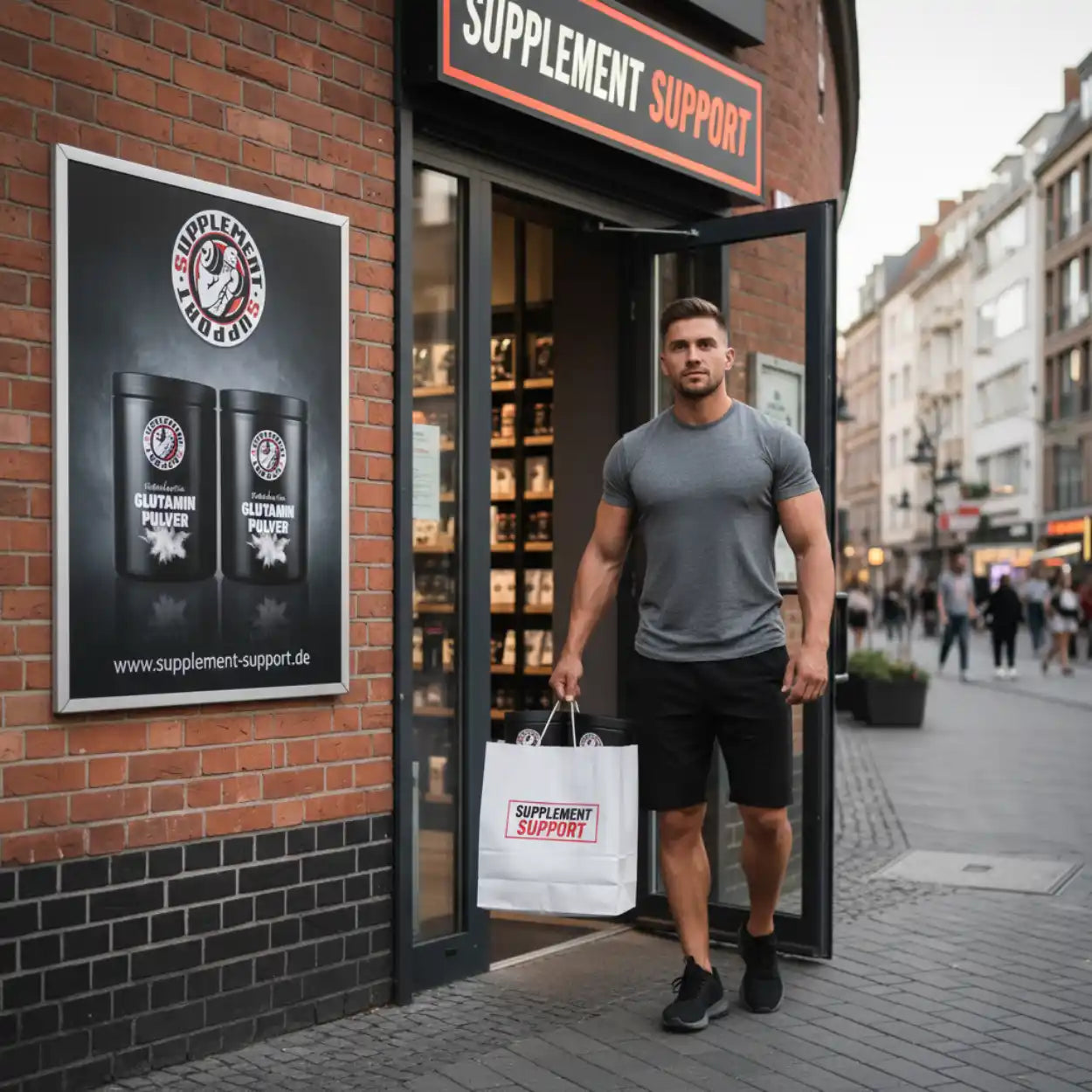 Sportlicher Mann mit Einkaufstasche verlässt Nahrungsergänzungsmittel-Geschäft in der Stadt