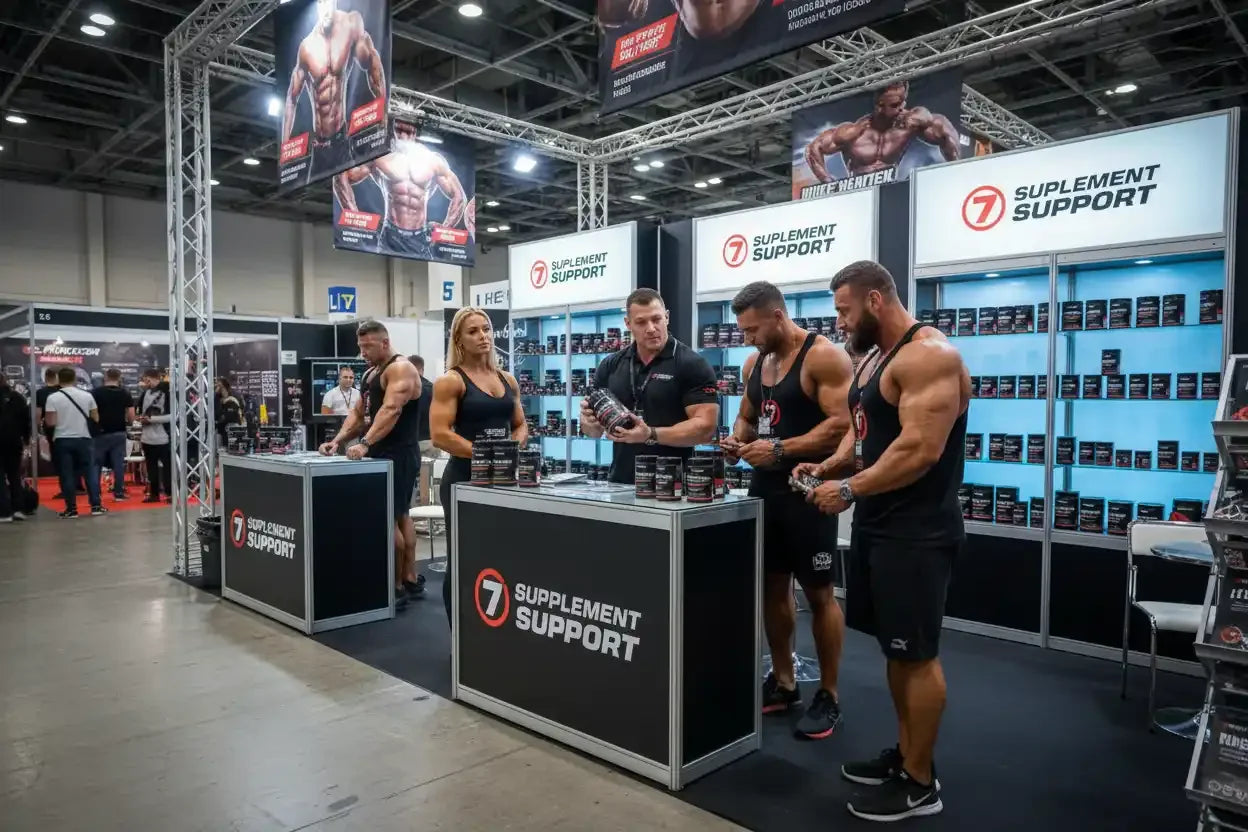 Muskulöse Athleten präsentieren Nahrungsergänzungsmittel auf Supplement Support Messestand