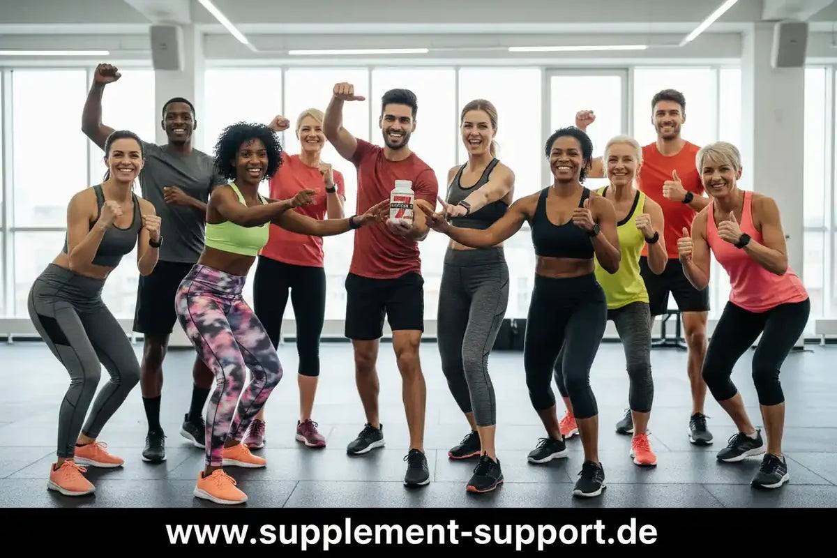 Gruppe fit trainierender Menschen mit Nahrungsergänzungsmittel in Fitnessstudio, Protein & Vitamine