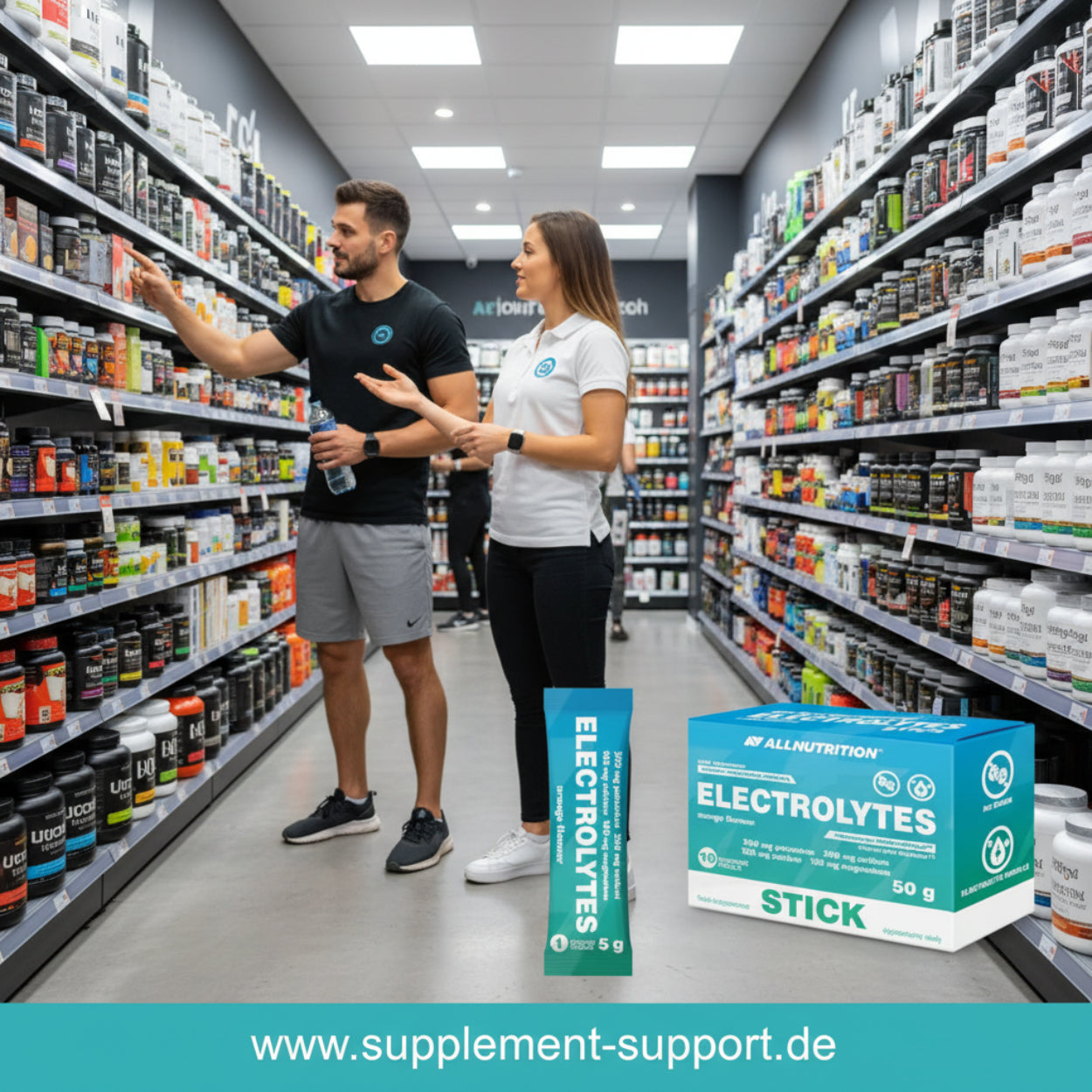 Elektrolyte-Sticks und -Box in Sportnahrungsladen mit Kundenberatung