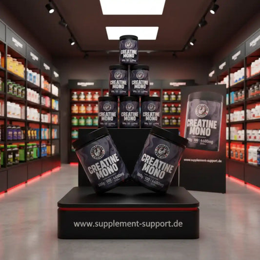 Kreatin Mono Nahrungsergänzungsmittel in modernem Sportnahrung Shop, schwarze Dosen