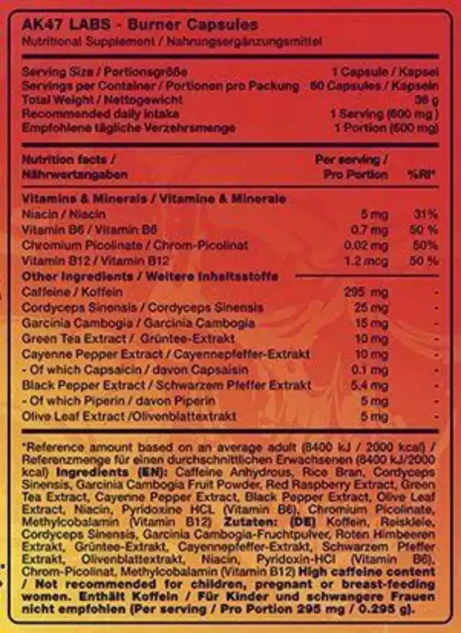 Etikett von Burner Kapseln, zeigt Nährwerte, Zutaten wie Koffein, Vitamine, Pflanzenextrakte