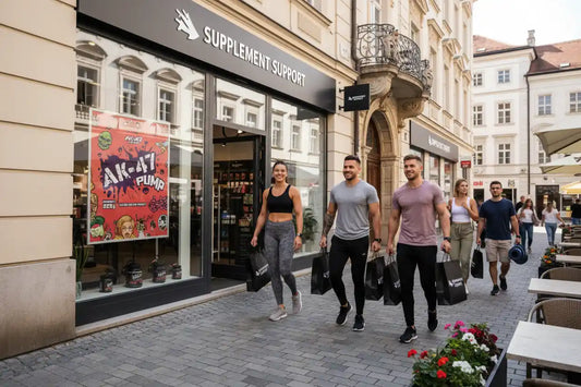 Fitnessorientierte Menschen mit Einkaufstaschen vor Supplement Support Geschäft, Nahrungsergänzungsmittel