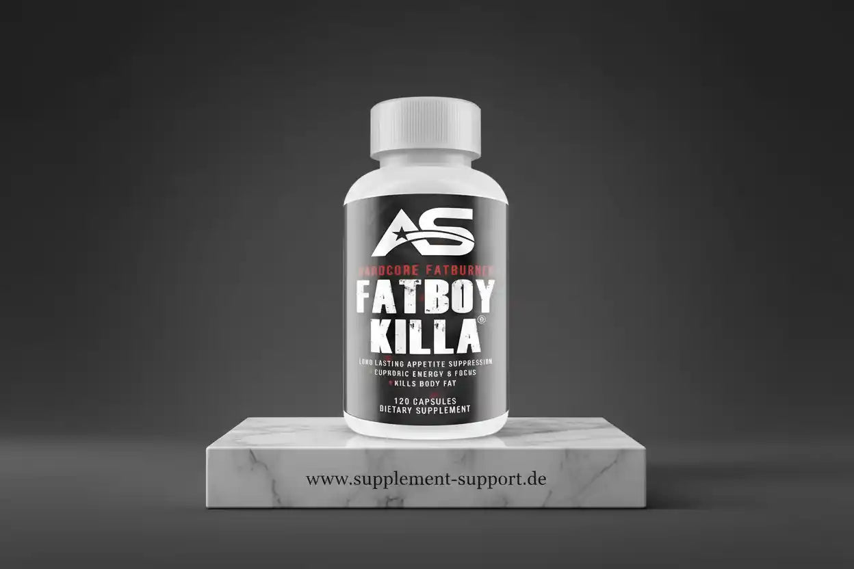 Fatburner Kapseln Fatboy Killa von American Supps, 120 Stück, auf Podest vor dunklem Hintergrund