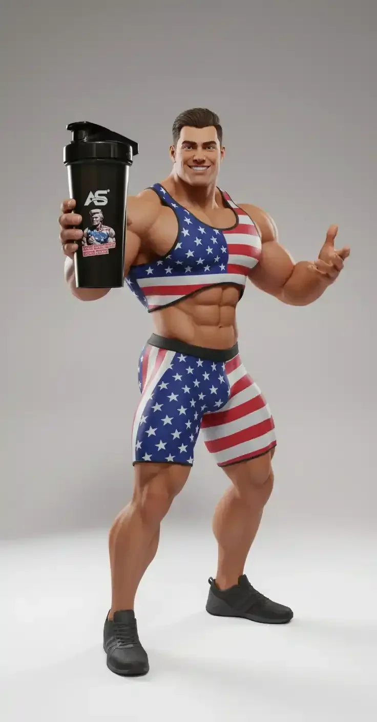 Muskulöser Athlet in US-Flaggen-Outfit mit Protein-Shaker für Sportnahrung und Booster