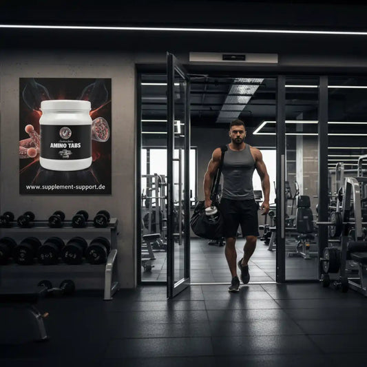 Muskulöser Mann mit Sporttasche im Fitnessstudio, Amino Tabs Werbung an der Wand
