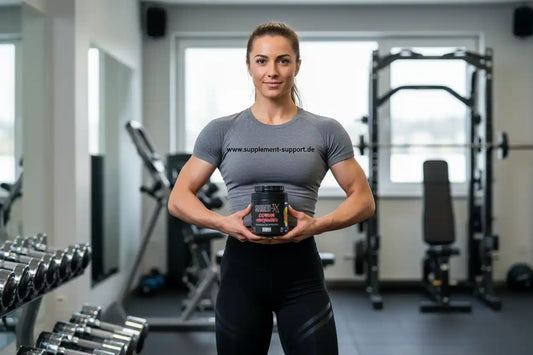 Fitness Frau hält Shred X Supplement-Dose im modernen Fitnessstudio, Sportnahrung