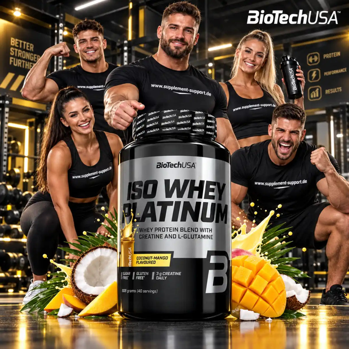 BioTech USA Iso Whey Platinum Proteinpulver Kokos-Mango mit Sportlern im Fitnessstudio