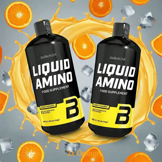 BioTechUSA Liquid Amino Zitronengeschmack, Nahrungsergänzung mit Aminosäuren, Orange-Splash-Hintergrund
