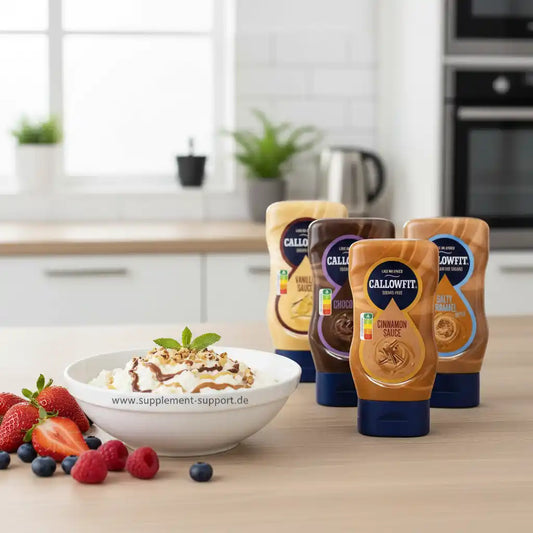 Callowfit Sauce-Flaschen mit Zimt, Schoko, Vanille & Salz-Karamell vor Müslischale mit Beeren und Sahne
