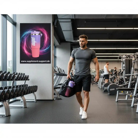 Muskulöser Mann im Fitnessstudio mit Sporttasche und Protein-Shaker, ideal für Sportnahrung und Booster