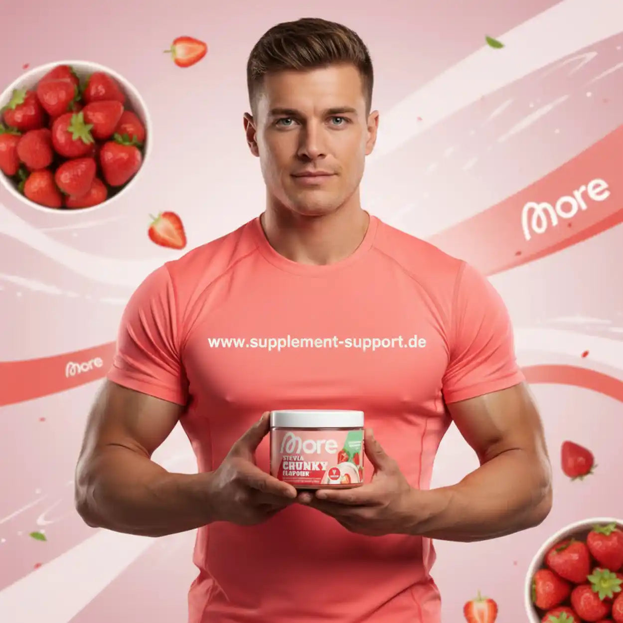 Muskulöser Mann mit Erdbeer-Supplement, Proteinpulver, Sportnahrung, Erdbeeren im Hintergrund