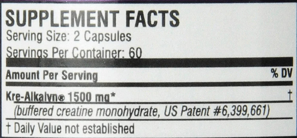 Nahrungsergänzungsmittel Etikett mit Kre-Alkalyn® 1500 mg, 2 Kapseln pro Portion, 60 Portionen