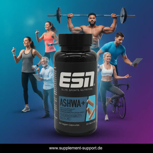 ESN Ashwa+ Nahrungsergänzungsmittel mit Sportlern im Hintergrund