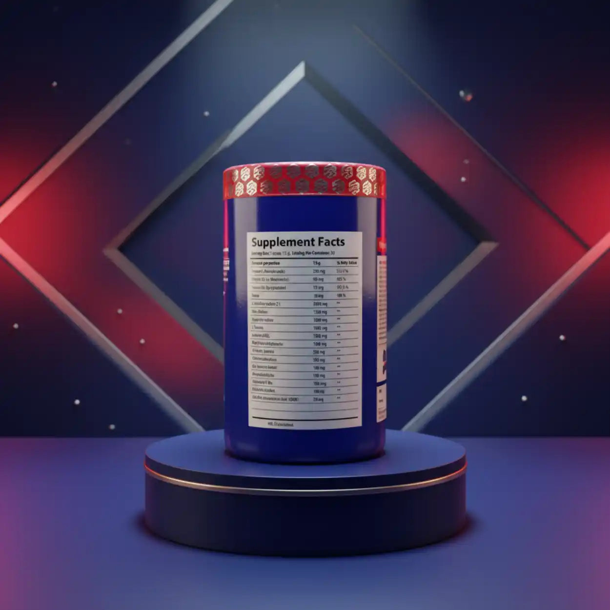 Blaue Dose mit Supplement Facts für Nahrungsergänzungsmittel auf einem Podest.