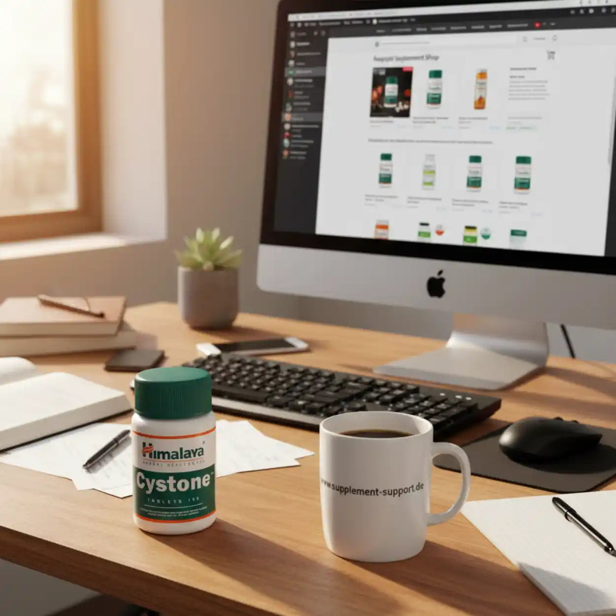 Himalaya Cystone Nahrungsergänzungsmittel auf einem Schreibtisch vor einem Computerbildschirm