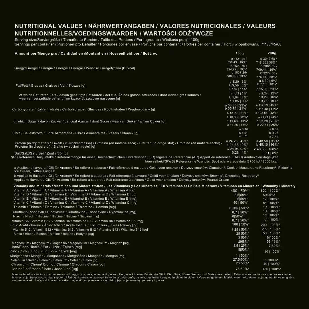 Nährwertangaben für Protein- und Vitamin-Supplement, inkl. Kalorien, Makronährstoffe und Mineralstoffe pro 100g/200g