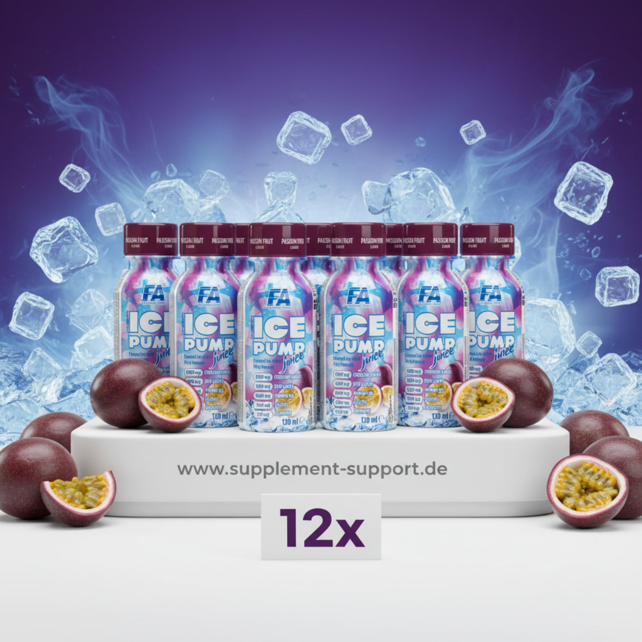 12x FA Ice Pump Juice mit Passionsfrucht, erfrischend mit Eiswürfeln – Nahrungsergänzungsmittel für Sportler