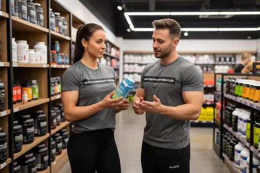 Berater und Kundin mit Creatin-Kapseln im Supplement Support Sportnahrung Shop