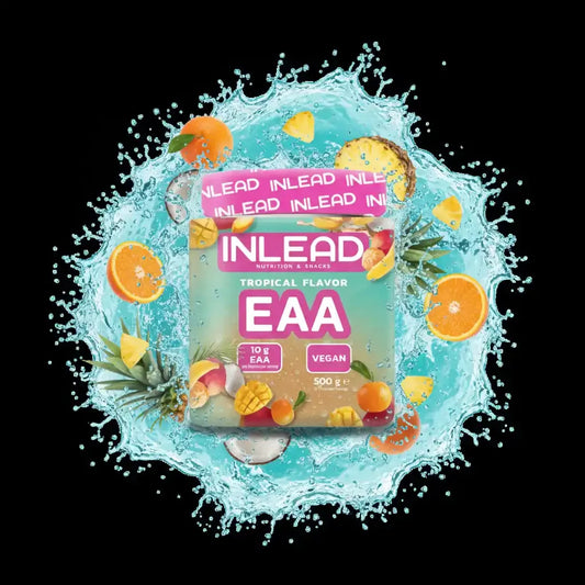 INLEAD EAA Tropical Flavor, vegan, 10g EAA, umgeben von frischen Früchten und Wasserspritzern
