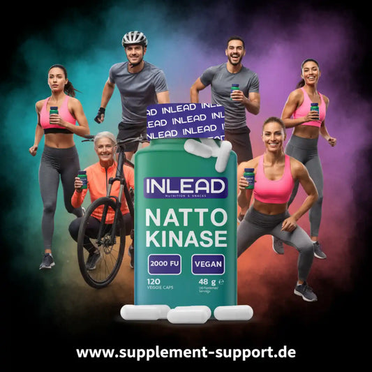 INLEAD Natto Kinase vegane Nahrungsergänzungskapseln mit sportlichen Menschen im Hintergrund.