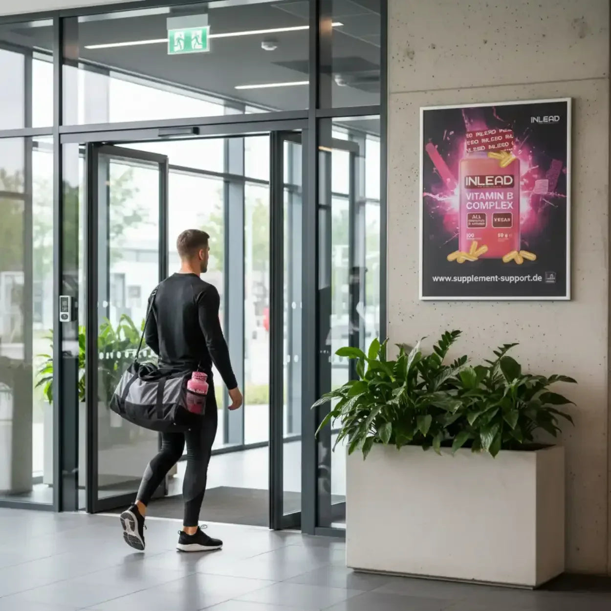 Mann mit Sporttasche geht durch Eingangstür, neben Werbeplakat für INLEAD Vitamin B Complex