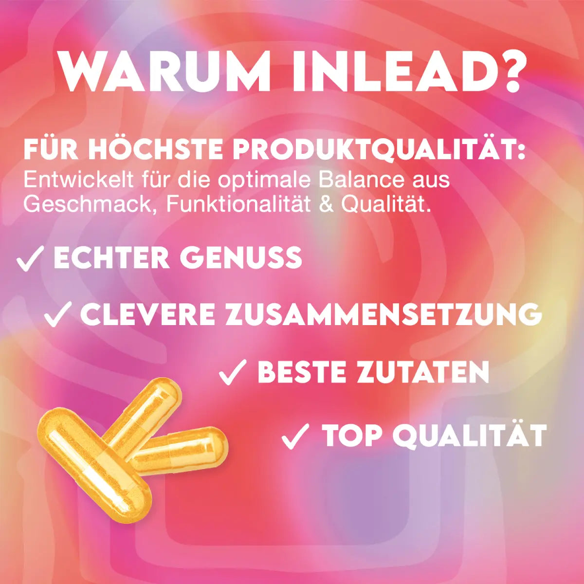 Gelbe Kapseln mit Qualitätsversprechen, bunte Hintergrundgrafik, Text zu Produktvorteilen