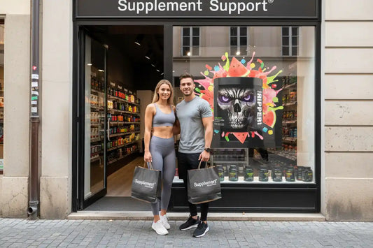 Fitnesspaar mit Einkaufstaschen vor Supplement Support Store für Sportnahrung und Proteinprodukte