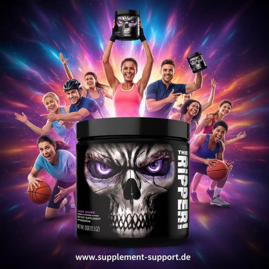 The Ripper Booster Supplement in Dark Grape Geschmack mit Sportlern im Hintergrund