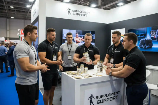 Muskulöse Männer präsentieren Sportnahrung und Nahrungsergänzungsmittel am Messestand.