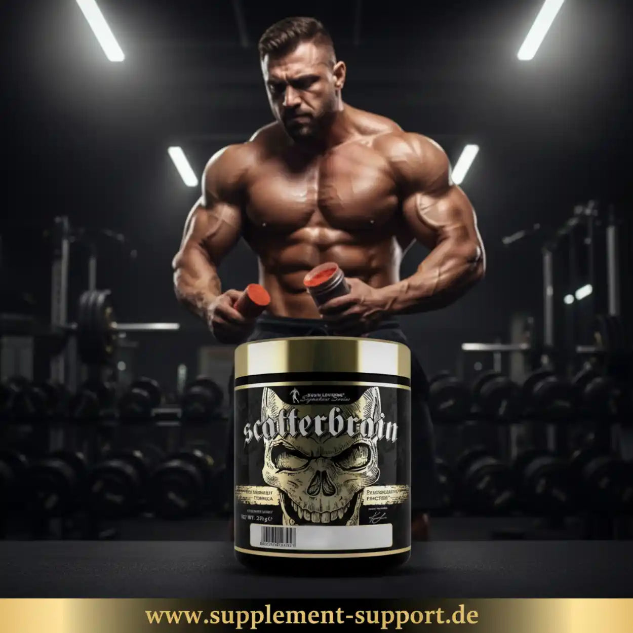 Scatterbrain Pre-Workout Booster mit Muskelmann im Fitnessstudio, Protein & Vitamine für Sportler