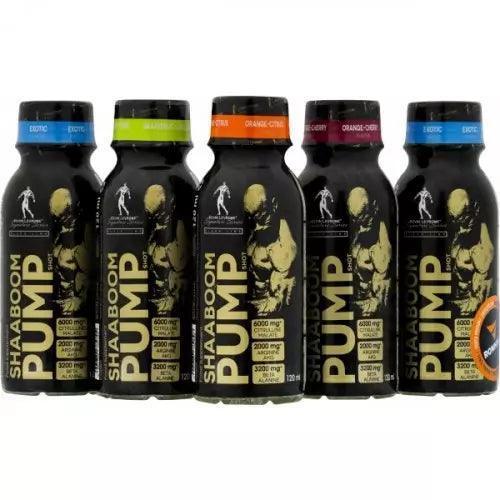 Fünf Flaschen Shaaboom Pump Shot Booster für Sportnahrung und Training, verschiedene Sorten