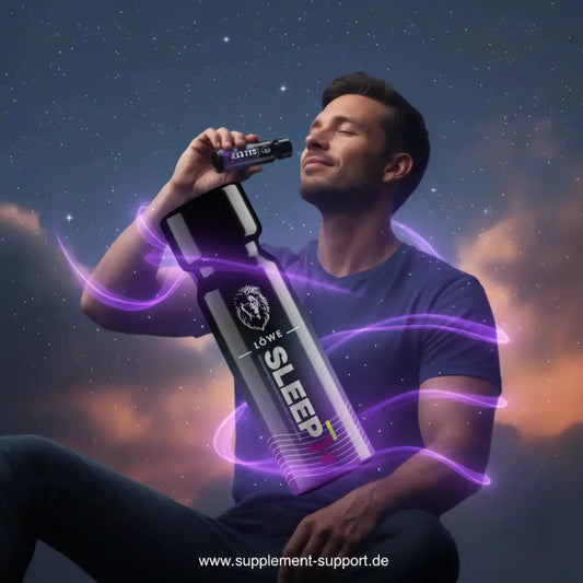 Mann hält eine Dose LÖWE Sleep Nahrungsergänzungsmittel vor einem Sternenhimmel.