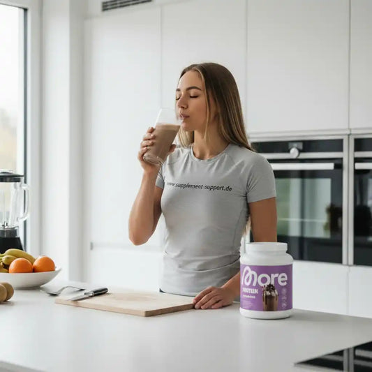 Frau trinkt Proteinshake in moderner Küche, Proteinpulver Dose auf dem Tisch, gesunde Ernährung