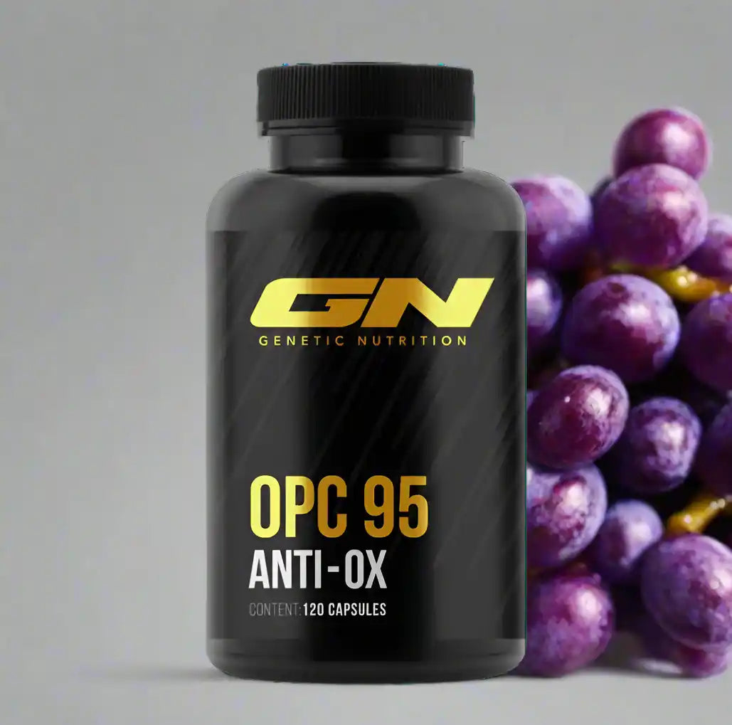 OPC 95 Anti-Ox Kapseln von Genetic Nutrition mit Trauben im Hintergrund