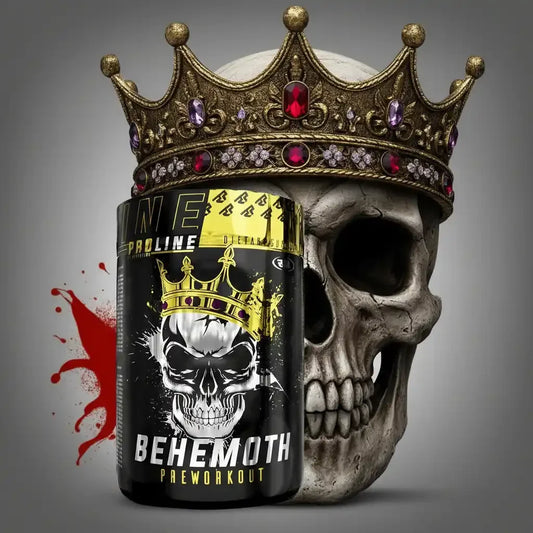 Behemoth Preworkout mit Totenkopf und Krone, hochwertige Sportnahrung für maximale Leistung