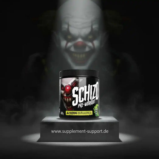 Schizo Pre-Workout Supplement mit gruseligem Clown-Design für intensive Trainings