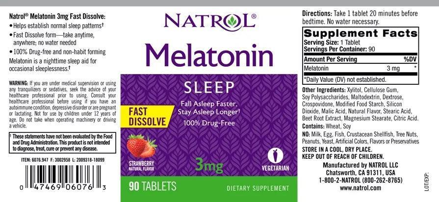 Natrol Melatonin Sleep Fast Dissolve Tabletten, 90 Stück, mit Erdbeeraroma, Nahrungsergänzung