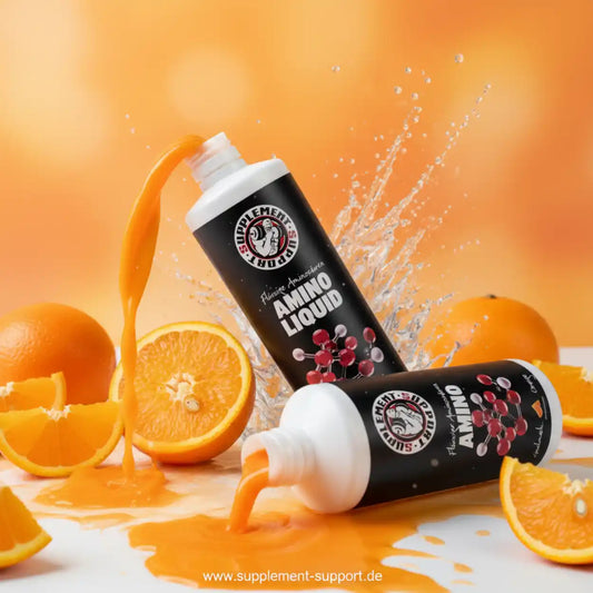 Flasche Amino Liquid mit Orangengeschmack, Flüssigkeit und frischen Orangenscheiben