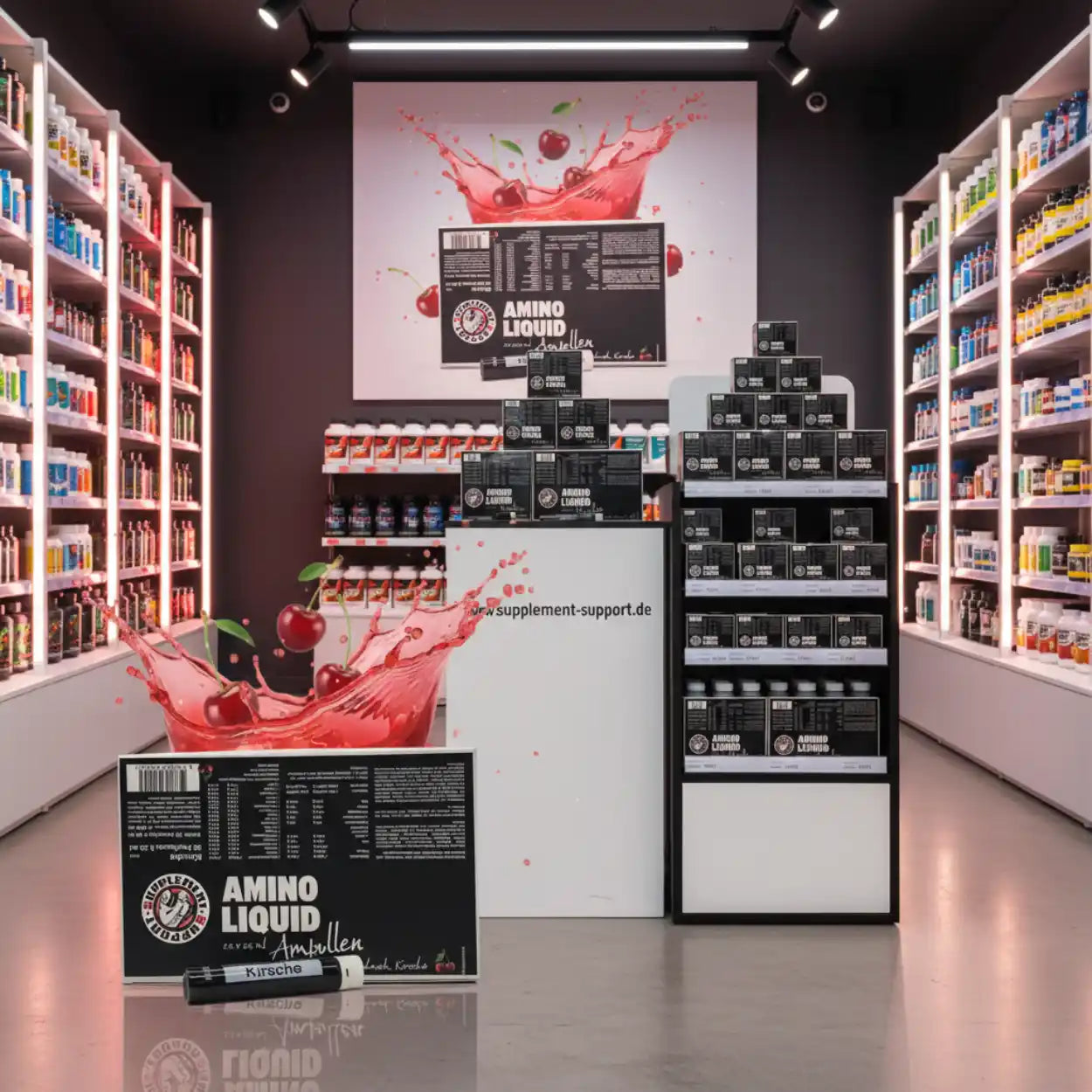 Amino Liquid Kirsche Ampullen in moderner Supplement-Shop-Display mit leuchtenden Regalen