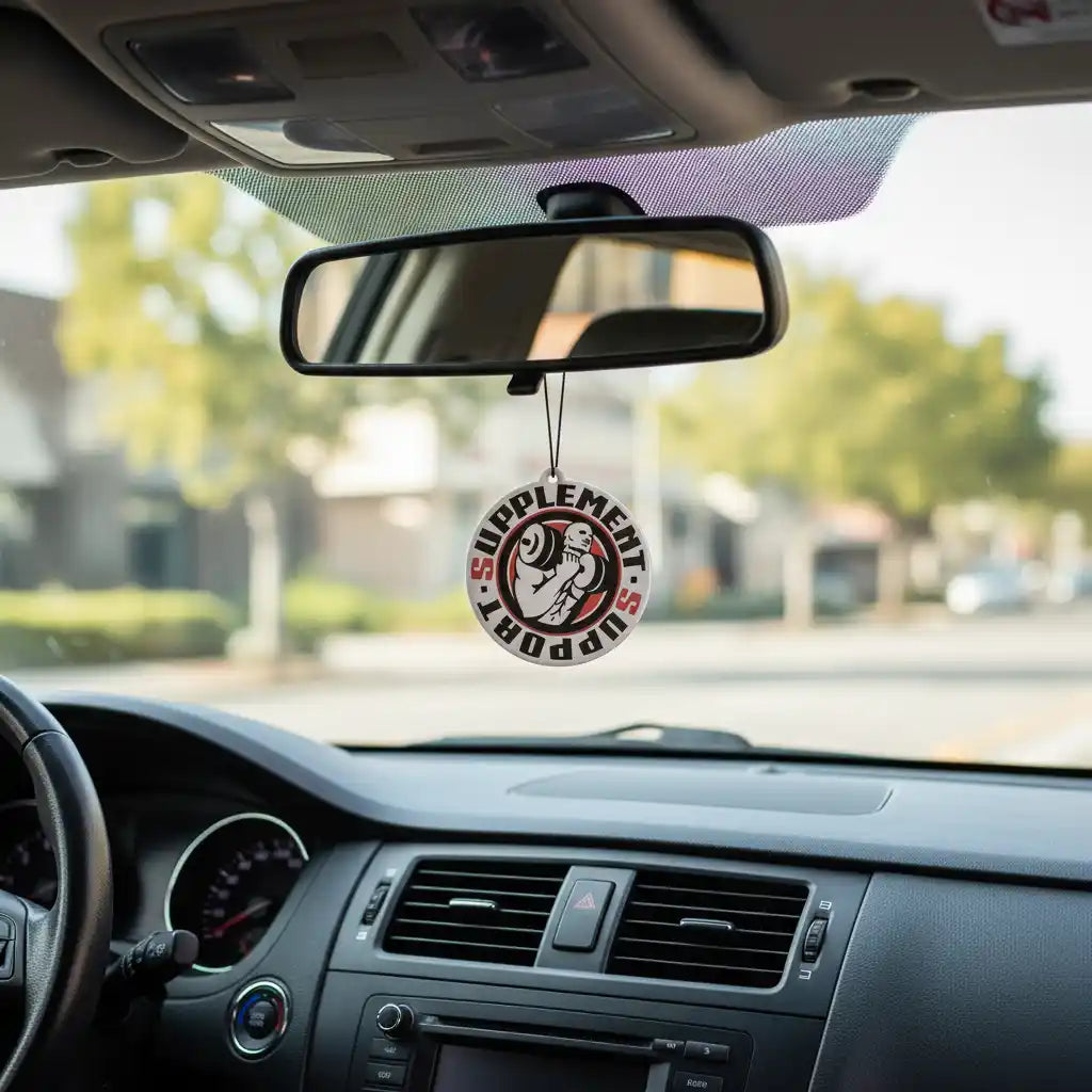 Taschenduft Supplement Support Fitness-Motiv am Rückspiegel im Auto, Straßenansicht