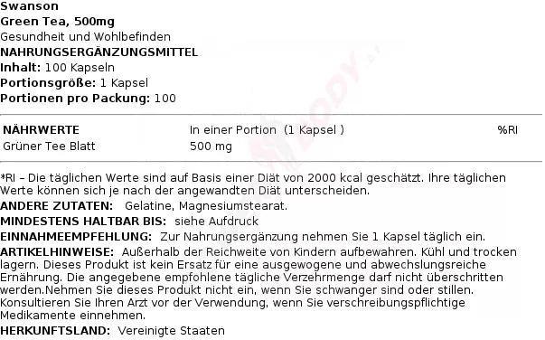 Swanson Grüner Tee Extrakt 100 Kapseln - Supplement Support