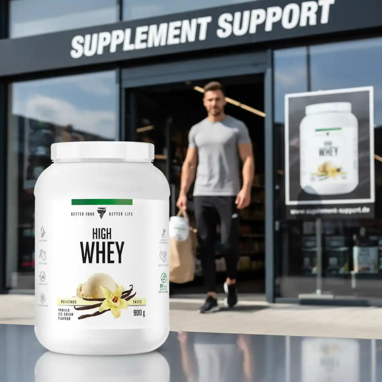 High Whey Protein Vanille Eiscreme Geschmack 900g vor Supplement Support Shop