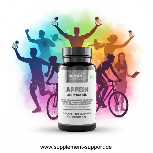 Human Protect Caffeine Anhydrous Nahrungsergänzungsmittel für Sportler vor buntem Hintergrund