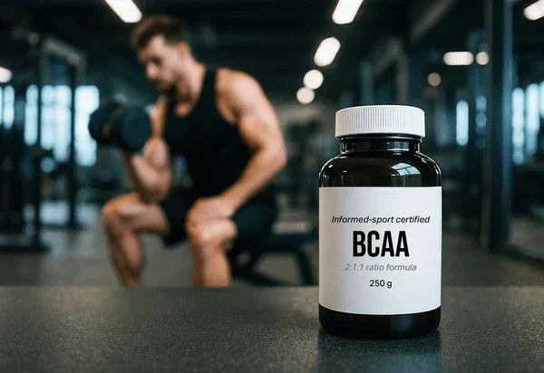 BCAA Supplement im Fitnessstudio, Mann trainiert mit Hantel im Hintergrund