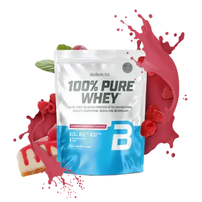 100% Pure Whey Protein Pulver 1000g von BioTechUSA, Himbeer-Käsekuchen-Geschmack, mit Himbeeren und Kuchenstück, Eiweißpulver Verpackung