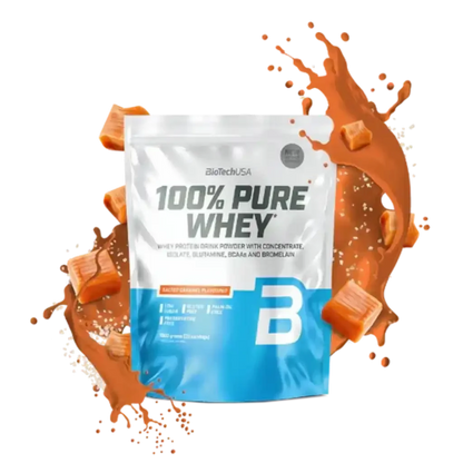 BioTechUSA 100% Pure Whey Protein Pulver Salted Caramel 1000g, Verpackung mit Karamellstücken