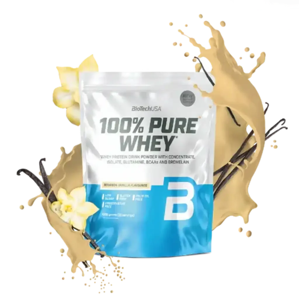 100% Pure Whey Protein Pulver 1000g von BioTechUSA, Geschmack Vanille, Produktverpackung mit Vanilleschoten und Spritzer im Hintergrund